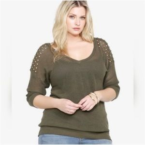 Torrid Open Knit V Neck Studded Shoulder Sweater Size 2